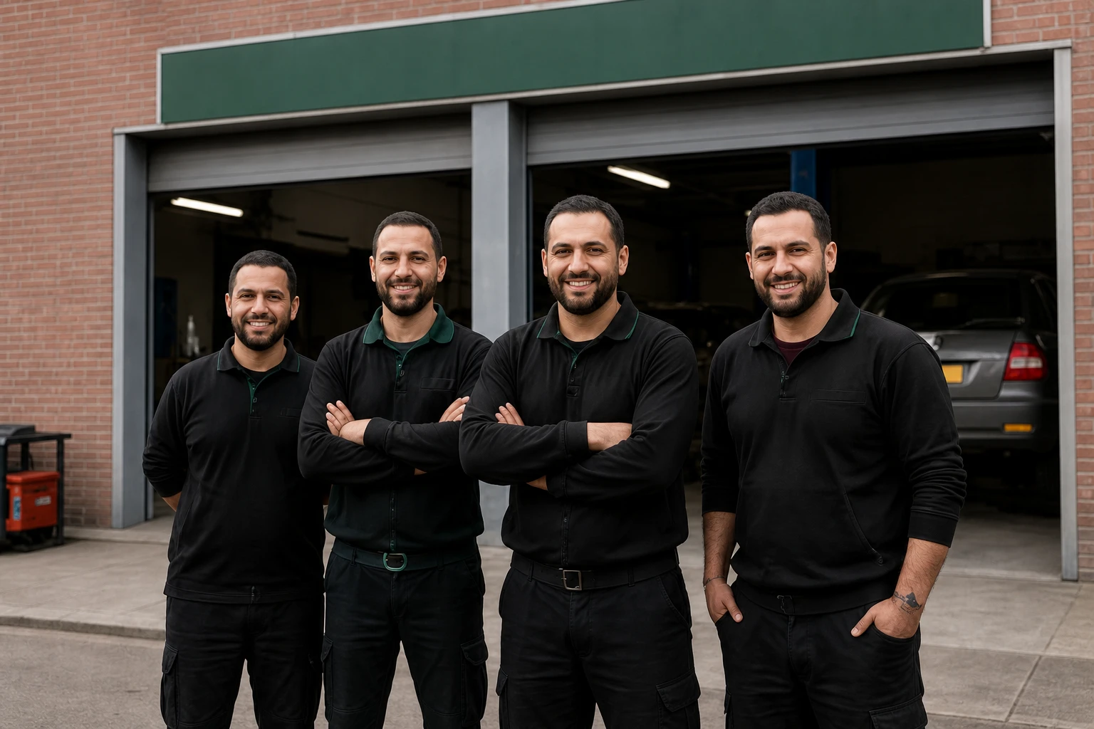 Het team van Garage Hamoud voor de werkplaats in het Laakkwartier